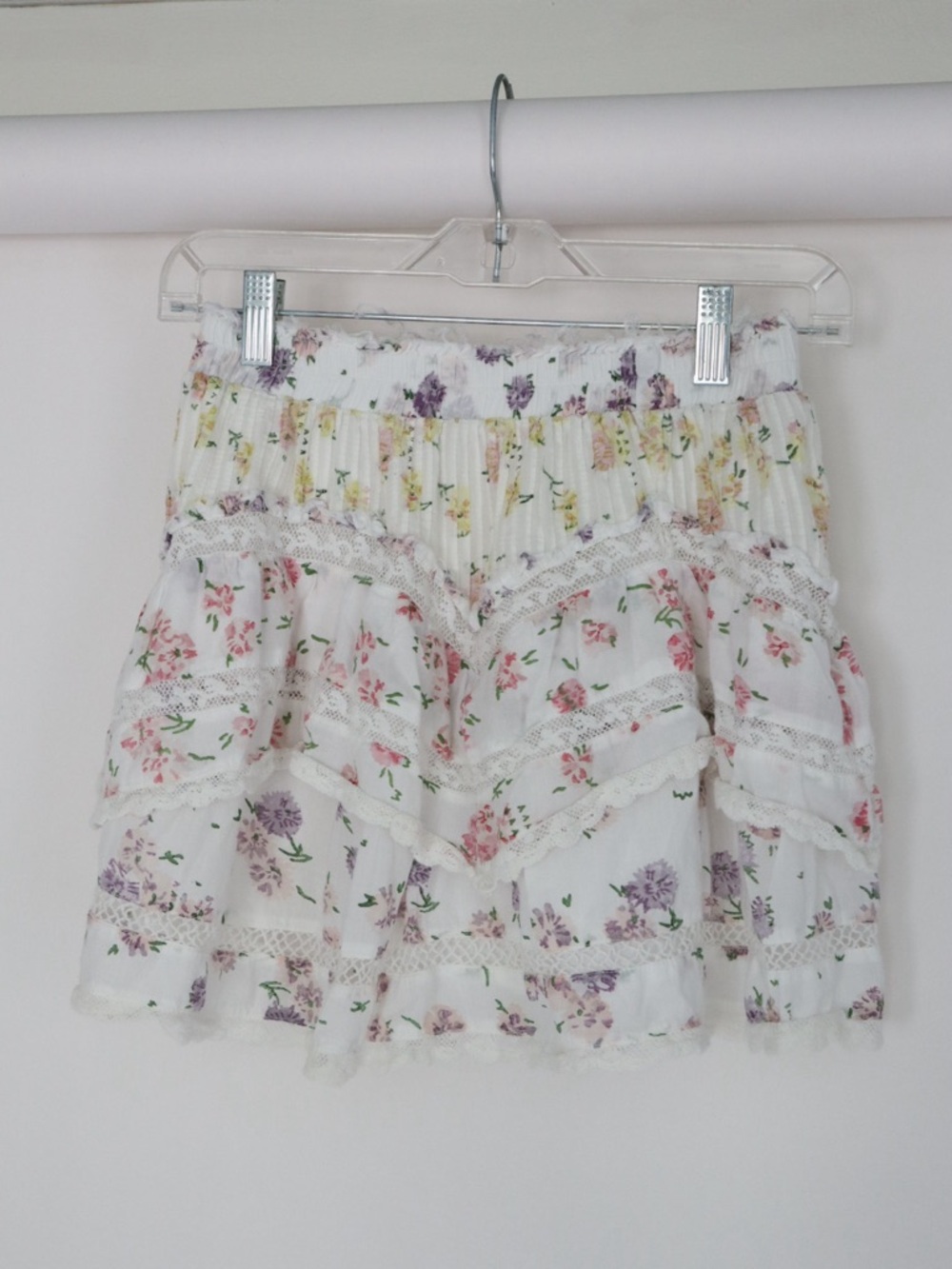 LoveShackFancy White Floral Tiered Mini Skirt